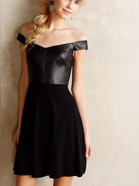 Bailey 44 Black faux off shoulder mesh neck Leather & Knit Fit-and-Flare Dress